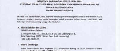 Informasi Persiapan Masa Pengenalan Lingkungan Sekolah dan Asrama (MPLSA) SMAN Sumatera Selatan Tahun 2022